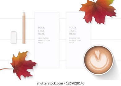 Flat lay top view elegant white composition paper autumn maple leaf coffee and pencil eraser on wooden background.