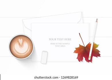 Flat lay top view elegant white composition paper envelope pencil eraser tag autumn maple leaf and coffee on wooden background.