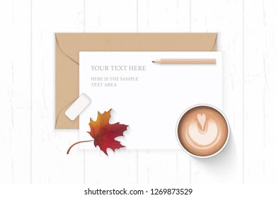 Flat lay top view elegant white composition letter kraft paper envelope pencil eraser autumn maple leaf and coffee on wooden background.