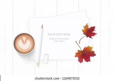 Flat lay top view elegant white composition paper pencil eraser and coffee on wooden background.