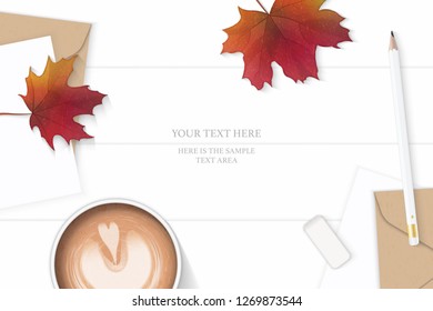 Flat lay top view elegant white composition letter kraft paper envelope pencil eraser coffee and autumn maple leaf on wooden background.