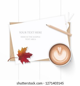 Flat lay top view elegant white composition paper kraft envelope pencil tag autumn maple leaf and coffee on wooden background.