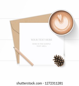 Flat lay top view elegant white composition letter kraft paper envelope pencil pine cone and coffee on wooden background.