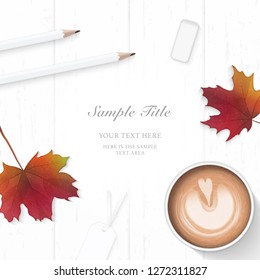 Flat lay top view elegant composition paper pine cone tags pencil eraser autumn maple leaf tag and coffee on wooden background.