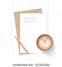 Flat lay top view elegant white composition letter kraft paper envelope coffee and pencil on wooden background.