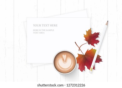 Flat lay top view elegant white composition paper autumn maple leaf coffee and pencil on wooden background.