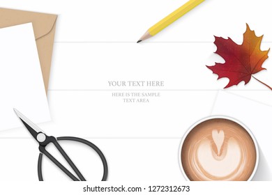 Flat lay top view elegant white composition letter kraft paper envelope yellow pencil autumn maple leaf metal scissors and coffee on wooden background.