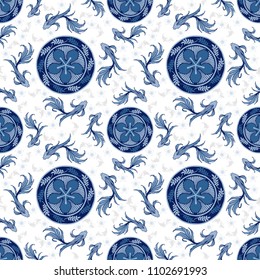 Flat lay or top view Fighting fish or betta fish and flower free hand ink drawing oriental ornament style design for porcelain seamless pattern or blue and white tone in white background vector