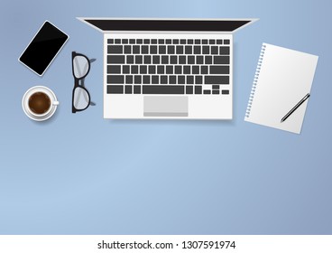 Flat lay top view mock up with realistic mobile phone, laptop, notebook and coffee , Home office concept , vector illustration