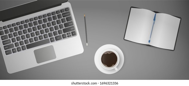 Flat lay, top view office desk with laptop. Notebook, coffee, pencil, open notebook, pen. Realistic vector illustration.