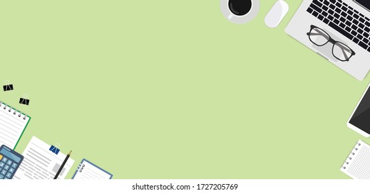 Flat lay, top view office table. Workspace with blank notebook, document, glasses and coffee cup on green background.