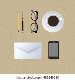 Flat lay, top view office desk. Workspace with glasses, diary, pen, pencil, envelope, mobile phone and coffee cup on cardboard background. Vector illustration