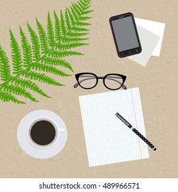 Flat lay, top view office desk. Workspace with glasses, diary, pen, paper,flower and coffee cup on cardboard background. Vector illustration