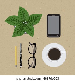 Flat lay, top view office desk. Workspace with glasses, diary, pen, paper,flower and coffee cup on cardboard background. Vector illustration
