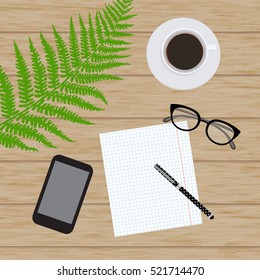 Flat lay, top view office desk. Workspace with glasses, pen, card , leaf,mobile phone and coffee cup. Vector illustration