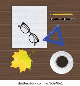 Flat lay, top view office desk, school desk. Workspace with glasses, pen, leaf, and coffee cup on wood background. Vector illustration