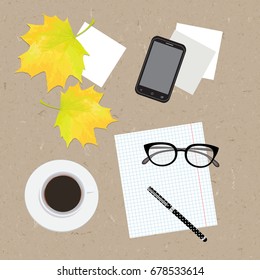 Flat lay, top view office desk, school desk. Workspace with glasses, pen, card , leaf, mobile phone and coffee cup on cardboard background. Vector illustration
