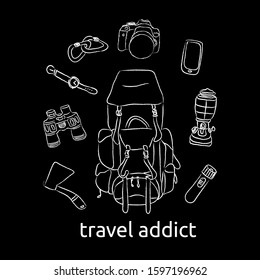Flat lay of tourist items: backpack, camera, binoculars, watch, axe, torch, carabiner, lamp, phone. White charcoal on black background, hand drawn. Travel addict concept