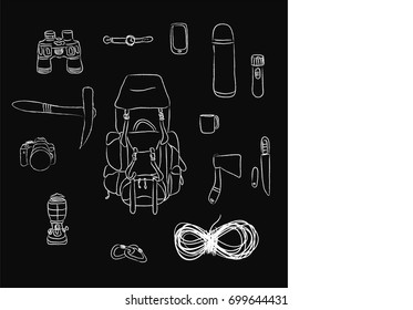 Flat lay of tourist items: rope, backpack, knives, camera, binoculars, watch, flask, mug, axe, torch, carabiner, lamp, phone. White charcoal on black background, hand drawn vector illustration. 
