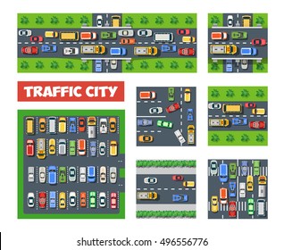 Flat lay transportation set of city streets with traffic, cars and trucks. Urban roadways and sidewalks with pedestrian crossings and people