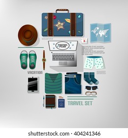 Flat lay travel set  with laptop and suitcase for planning