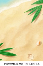 Flat lay with tropical leaves and seashells. Vector banner with beach sand, tropical plants, seashells and sea waves. Top view vector 3d ad illustration for promotion of summer goods.
