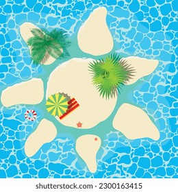 Flat lay with tropical leaves and seastars. Vector banner with beach sand, tropical plants and sea waves. Top view vector illustration for promotion of summer goods.  island in the form of the sun