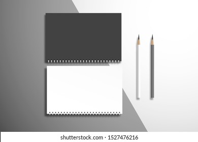 Flat lay with two blank spiral notebooks and pencils on sheets of different colors. Mockup for design
