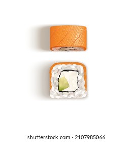 Piso de dos rollos Filadelfia aislados en blanco. Vista superior del sushi con salmón y queso crema. Ilustración del vector