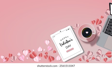 Flat lay of a Valentine's Day workspace with a tablet, coffee cup, laptop, and paper heart decorations on a pink background. Romantic, festive theme. ideal for background, and template card, banner