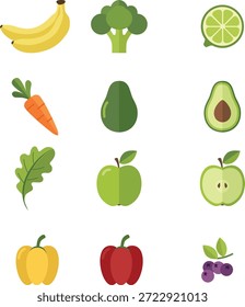 A posição plana de vários ícones coloridos de frutas e legumes em um fundo branco limpo.