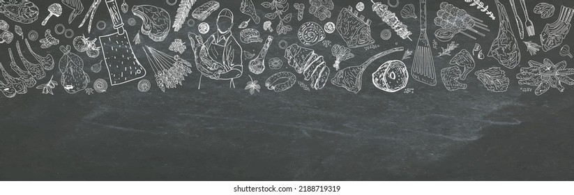 Flat lay of various grilled meats and vegetables. Grilling supplies, kitchen utensils. Grill restaurant menu design template. Vector illustration. Engraved design.