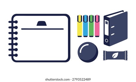 A flat lay of various office and stationery items including a notebook, highlighters, a binder, a stress ball, and a snack bar.