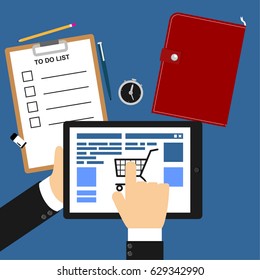 Flat lay vector, business man order now from tablet gadget layout