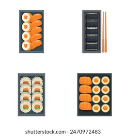 Flat lay vector design of sushi sets with chopsticks on a dark background, perfect for menu graphics