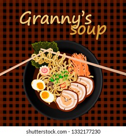 Flat lay vector illustration of asian soup and knitted noodle pattern with chopsticks. Granny's tasty homemade food concept