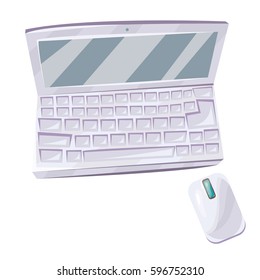 Flat lay vector illustration of computer laptop notebook with computer mouse