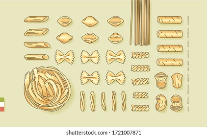 Flat lay vector illustration of different pasta shapes and types: farfalle, casarecce, fusilli, fettuccine, pipe rigate, tortiglioni, conchiglie, spaghetti, penne. Top view of Italian cuisine staples.