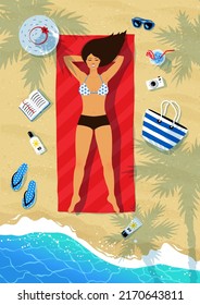 Flat lay vector illustration of girl lying on the beach under palm shadow with summer accessories near her and sea surf.