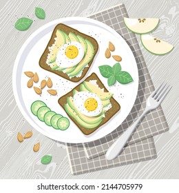 Flat lay vector illustration with healthy breakfast for keto diet. Sandwiches with avocado and boiled eggs on wooden table. Healthy lifestyle concept.