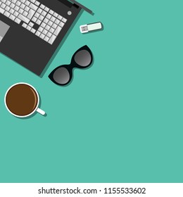 Flat lay vector illustration with laptop and coffee.