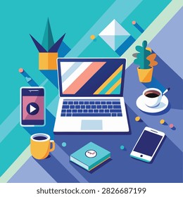 Flat lay vector illustration of a modern workspace desktop with a laptop, smartphones, coffee cups, potted plants, and geometric background, representing home office productivity