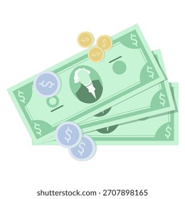 Ilustração plana vetor laço de notas de banco e moedas de dinheiro