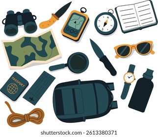 Flat Lay Vector Illustration of Travel Essentials – Explorer's Adventure Gear and Accessories