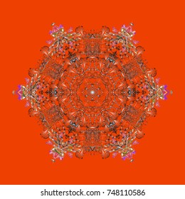 Flat lay. Vector illustration. Winter pattern made of snowflake on orange, gray and brown colors. Winter concept.