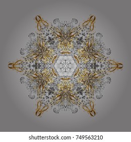 Flat lay. Vector illustration. Winter pattern made of snowflake on gray, brown and beige colors. Winter concept.