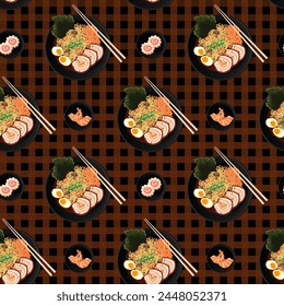 Flat lay vector seamless pattern of japanese soup Ramen and its ingredients variety