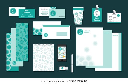 Flat lay of veterinary branding design. Vector illustration.