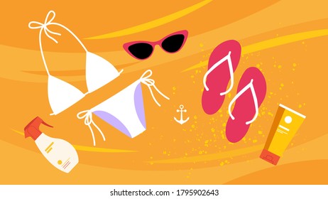 Flat lay: white bikini, flip flops, sunscreen and sunglasses. Summer accessories on sandy beach. Vector illustration in modern style.