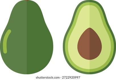 Flaches Laib einer ganzen und halbierten Avocado auf weißem Hintergrund mit einer minimalistischen Komposition.